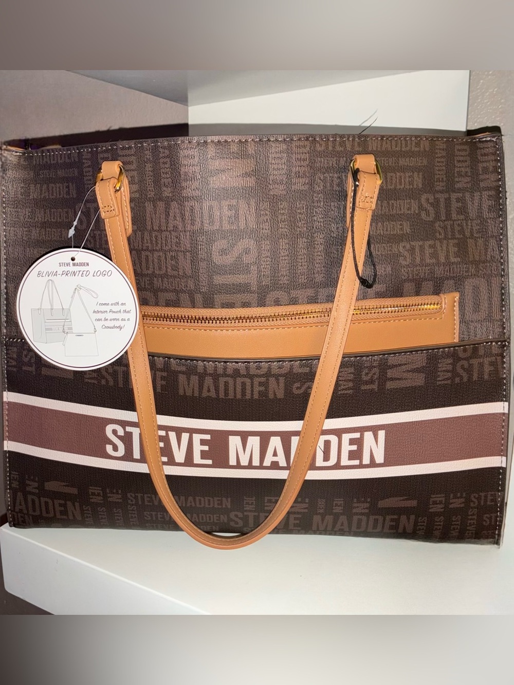 Steve Madden Brown Logo Tote with Tan Accents and Front Zip